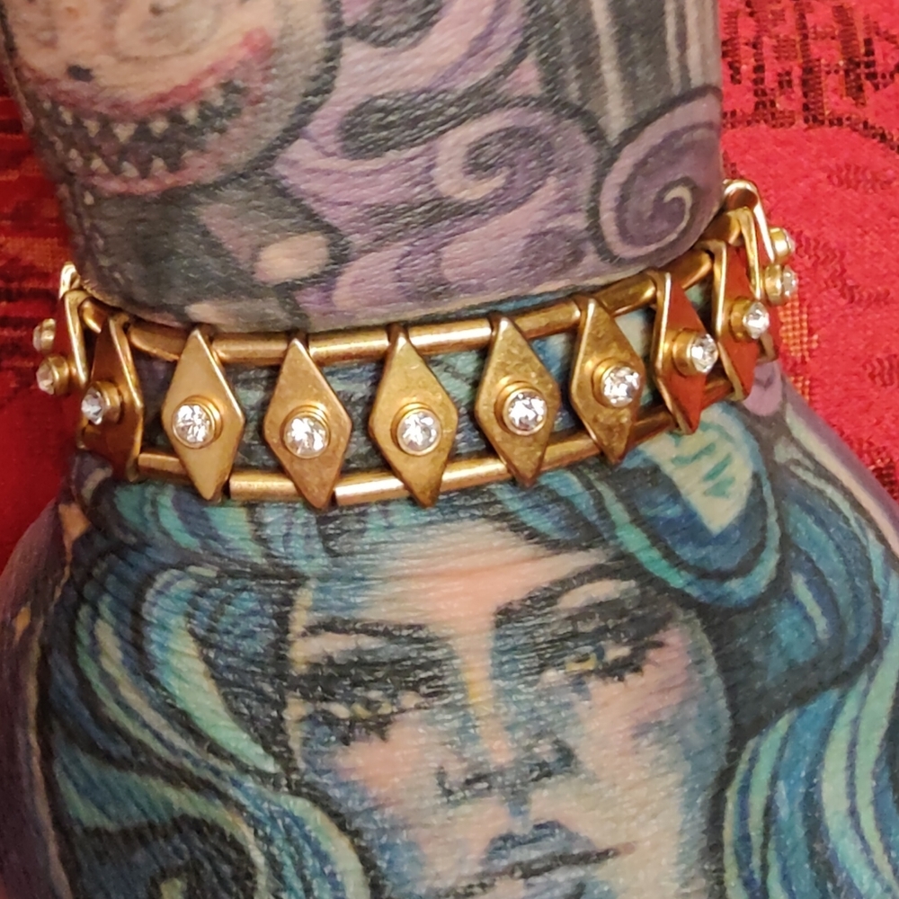 J Crew Gold/Brass Tone Diamond Shape Rhinestones Stretxh Bracelet